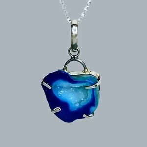 Blue Geode Sterling Silver Plated Pendant Rolo Necklace, 18" Gift Boho Nature